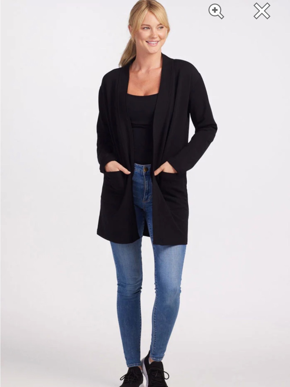 Woolx Kinsley Women’s Black Merino Wool Open-Front Pocket Cardigan Size 1X